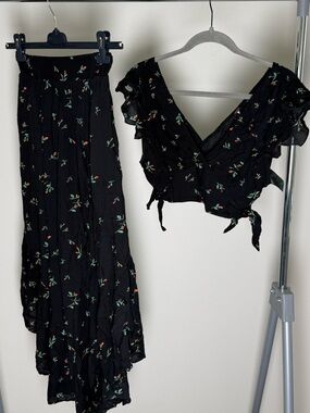 Free People Black Floral Wrap Crop Top & Maxi Skirt Set with Red & Green Accents